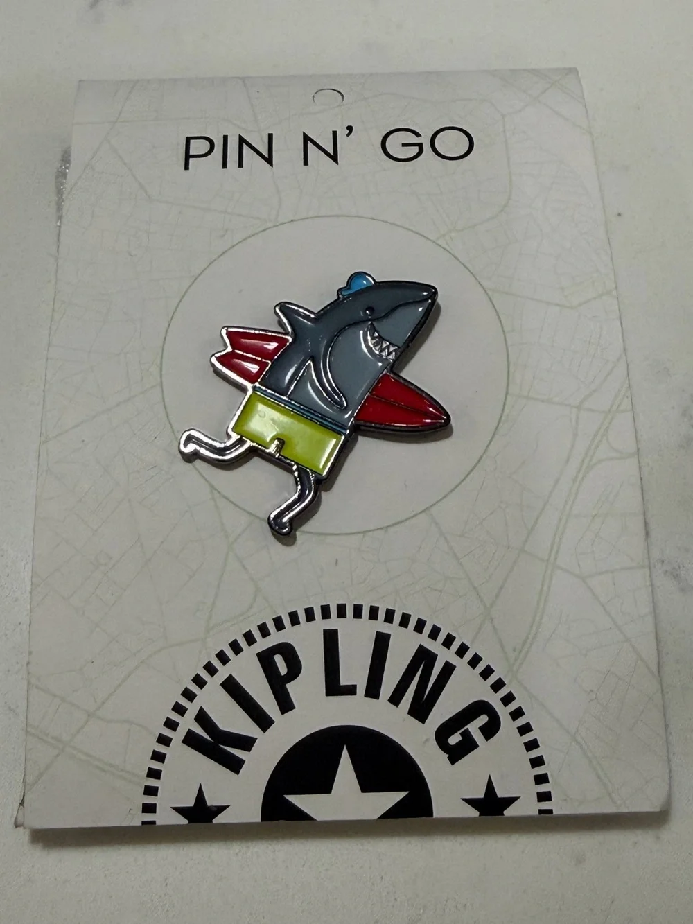 Kipling Shark Enamel Pin — Blue, Red, White